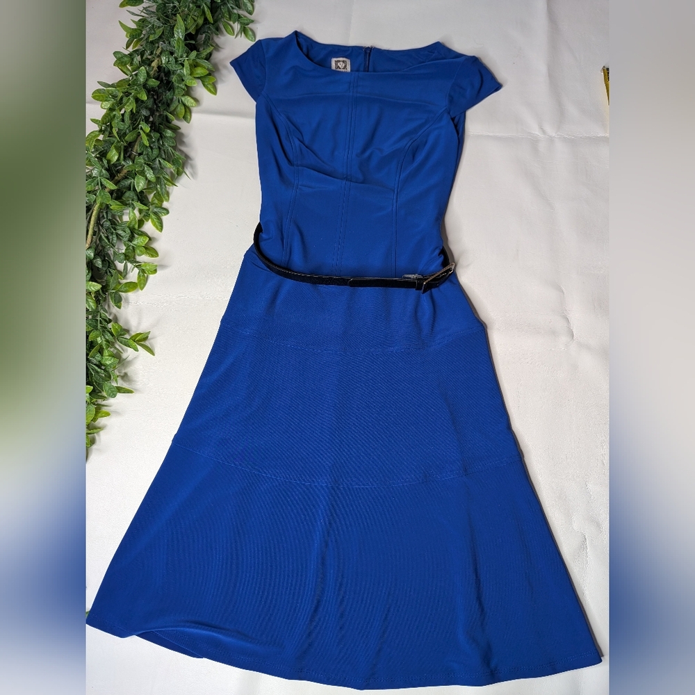 Ann Klein Stretchy Blue Dress With Belt Size 2
